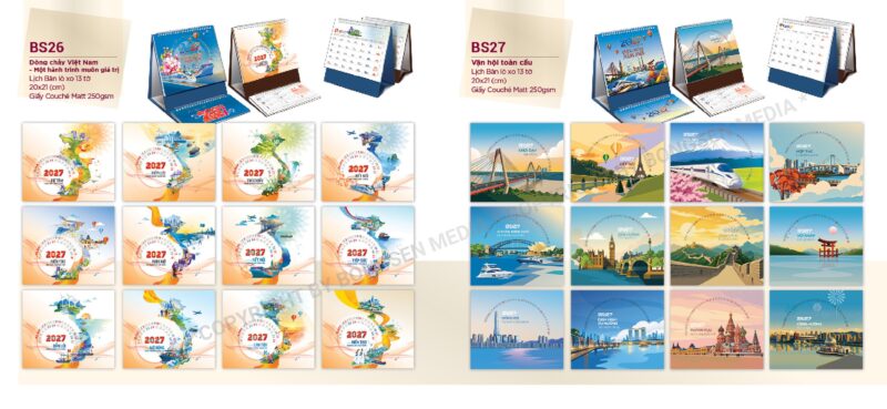 Mẫu in lịch bàn chữ A năm 2027 thiết kế trang nhã đặt trên bàn làm việc văn phòng